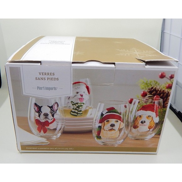 Pier 1 One Stemless Wine Glasses Holiday Christmas Dogs Hats Assorted Set of 4 - Picture 7 of 10